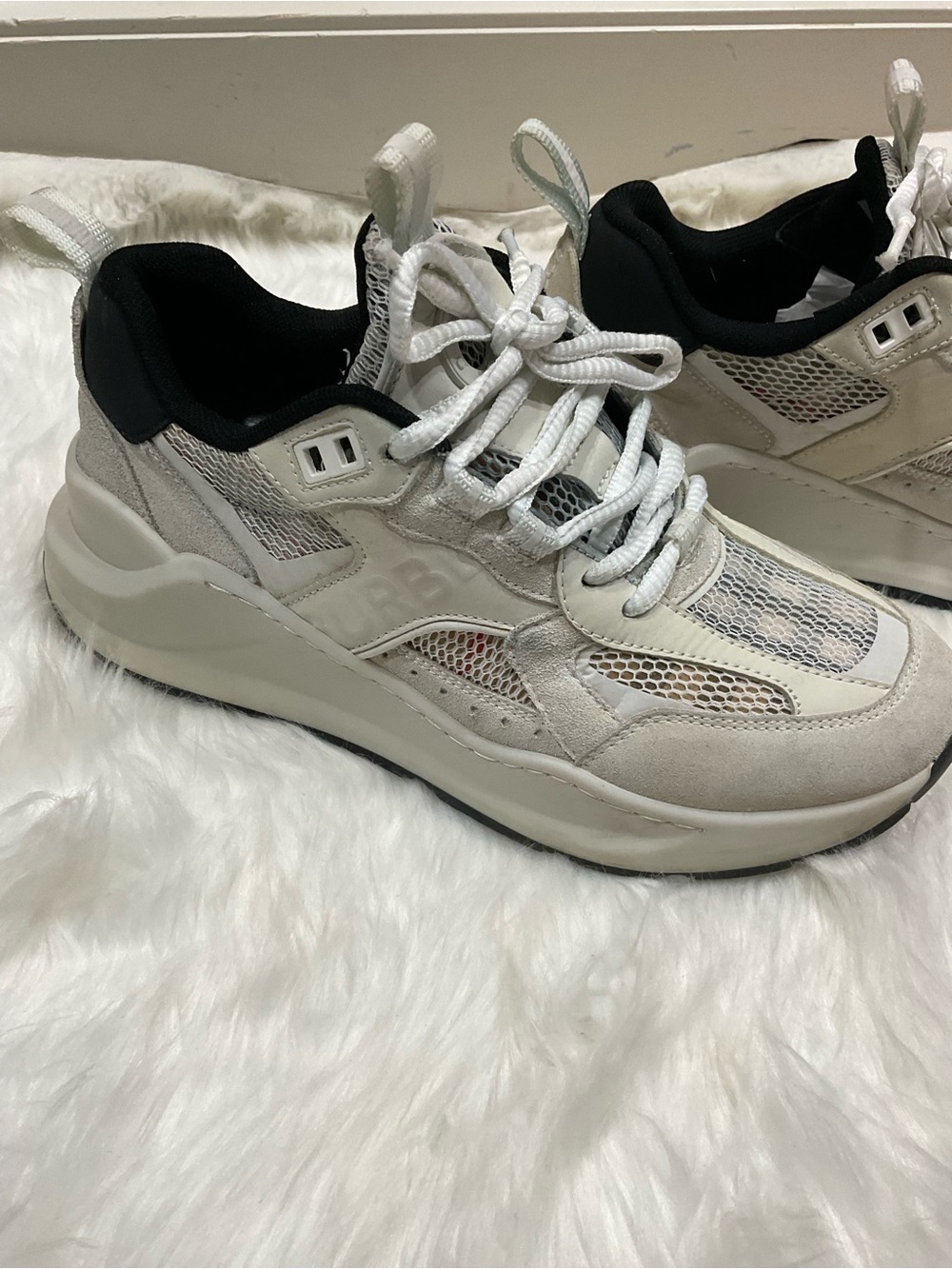 Women’s Burberry Logo Print Leather, Suede and Check Mesh Sneakers - Picture 2 of 13